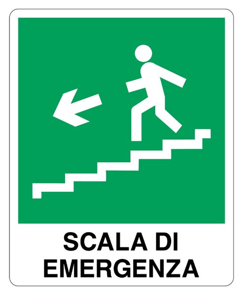 Cartello segnaletico in alluminio 250x310 mm 'Scala di emergenza sinistra' per vie di fuga e sicurezza