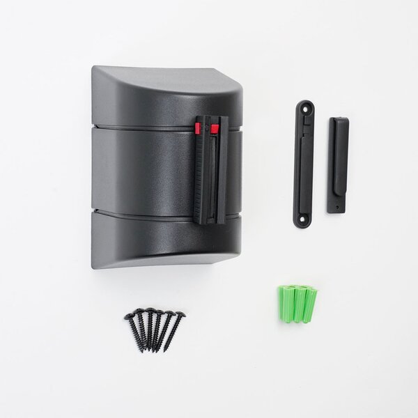 Avvolgitore a muro STOP74/B con nastro blu retrattile 5 metri, scatola in ABS nero, uso interno