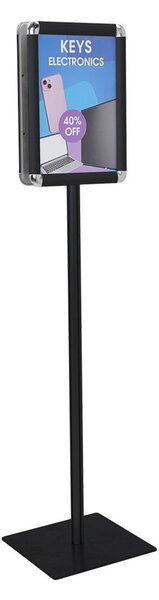 Espositore da terra bifacciale porta poster A3 nero, montante alluminio �40 mm, altezza 150 cm, base 36x36 cm