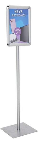 Espositore da terra monofacciale per poster A3, struttura in alluminio silver �40mm, base 36x36cm, H150cm