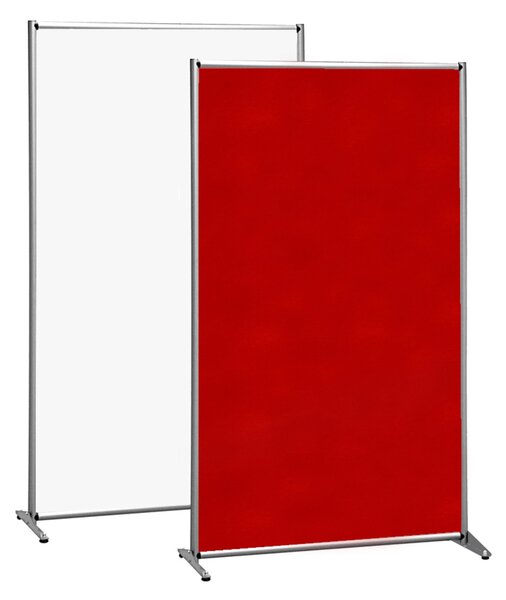 Parete divisoria bifacciale 100x190 cm, superficie magnetica bianca e panno feltro rosso, alluminio anodizzato