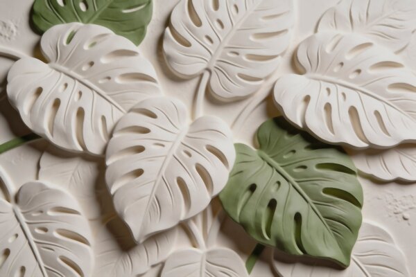 Carta da parati Foglie di monstera in rilievo, con motivi botanici, nei toni del crema e del verde, Carta da parati Natura, w09883 : Uwalls.it