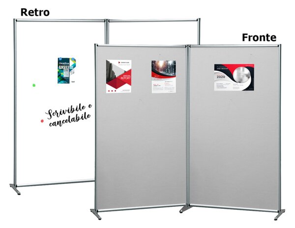 Parete divisoria bifacciale 100x190 cm in alluminio anodizzato, lavagna magnetica bianca e feltro grigio - WHL801/PGR