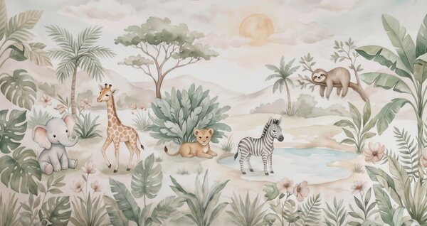 Carta da parati Scena di safari dipinta ad acquerello con animali in delicati toni pastello, raffigurante, Carta da parati Buffer, w09888 : Uwalls.it