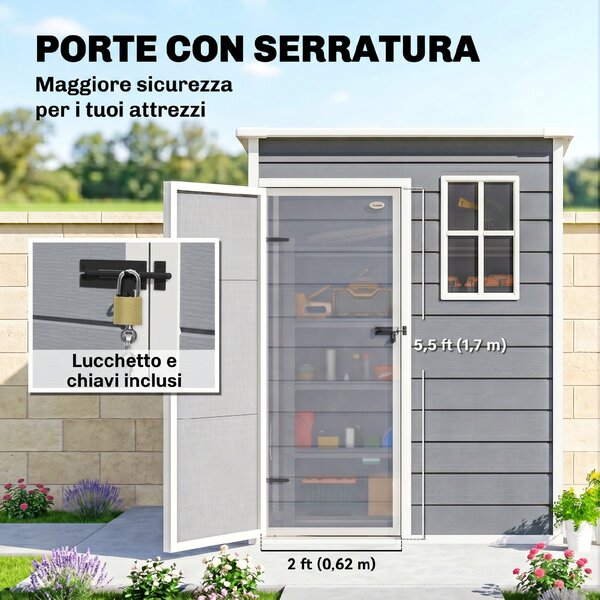 Outsunny Casetta da Giardino con Porta Bloccabile, Finestra e Presa d'Aria, capanno Porta Attrezzi, 151 x 92 x 193 cm, Grigio | Aososm Italy