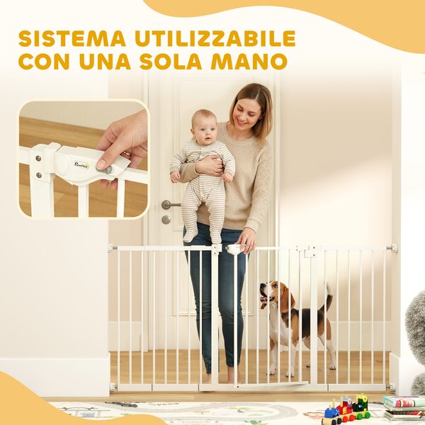 PawHut Cancellino per Cani a 3 Estensioni con Larghezza Regolabile 74-148cm e Chiusura Automatica, Bianco