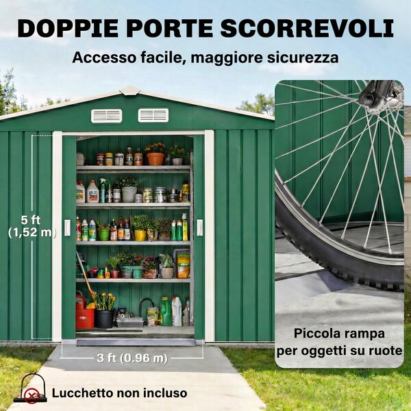 Outsunny Capanno da Giardino con Doppie Porte Scorrevoli in Lamiera di Acciaio, Casetta Attrezzi in Acciaio, 277x195x192 cm, Verde | Aosom Italy