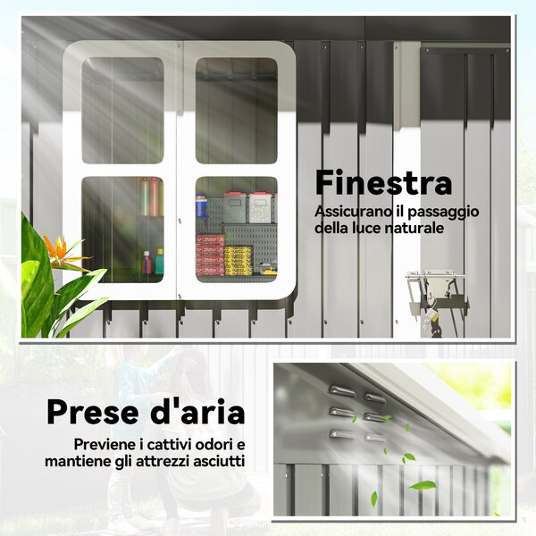 Outsunny Casetta da Giardino con Finestra e Prese d'Aria, Capanno porta attrezzi in Acciaio con Porta e Blocco, 2.2x1.3 m, Grigio | Aosom Italy