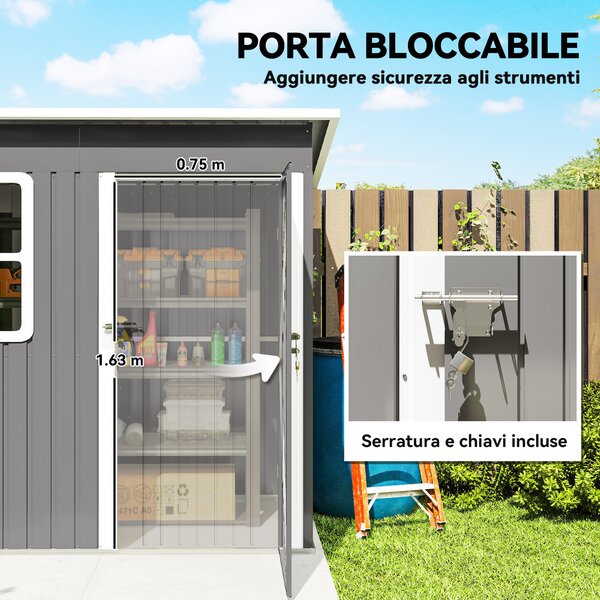 Outsunny Casetta da Giardino con Finestra e Prese d'Aria, Capanno porta attrezzi in Acciaio con Porta e Blocco, 2.2x1.3 m, Grigio | Aosom Italy