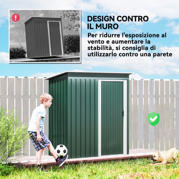 Outsunny Casetta da giardino con Tetto Inclinato e Porta Scorrevole, Capanno Attrezzi in Acciaio Zincato, 163x89x182 cm, Verde | Aosom Italy