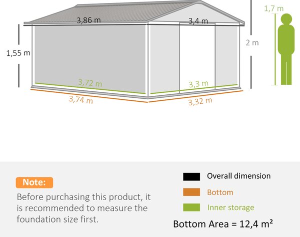 Outsunny Casetta da Giardino 3.4x3.8x2 m in Acciaio con Doppia Porta Scorrevole e Tetto Inclinato, Argento | Aosom Italy