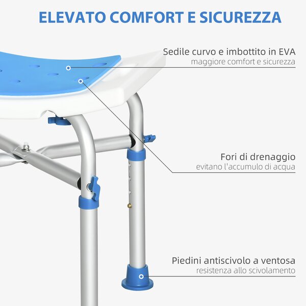 HOMCOM Sgabello per Doccia in Alluminio con Altezza Regolabile e Piedini Antiscivolo a Ventosa, Blu|Aosom