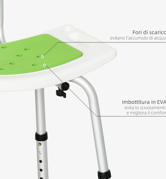 HOMCOM Sedia per Doccia in Alluminio ed EVA con Altezza Regolabile su 6 Livelli e Schienale Ricurvo, 51.5x49.5x68.5-81 cm, Verde e Bianco|Aosom