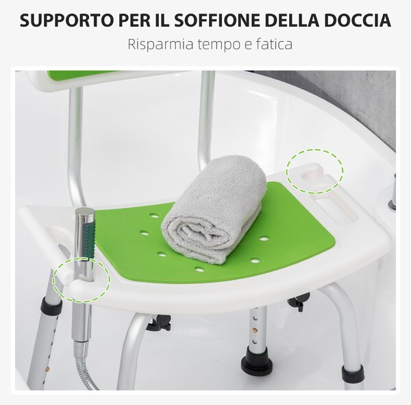 HOMCOM Sedia per Doccia in Alluminio ed EVA con Altezza Regolabile su 6 Livelli e Schienale Ricurvo, 51.5x49.5x68.5-81 cm, Verde e Bianco|Aosom