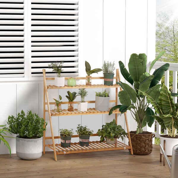 Outsunny Fioriera da Esterno a 3 Livelli in Bambù con Design Rialzato e Pieghevole, 98x37x96.5 cm, color Legno|Aosom