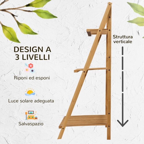 Outsunny Fioriera da Esterno a 3 Livelli in Bambù con Design Rialzato e Pieghevole, 98x37x96.5 cm, color Legno|Aosom