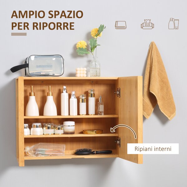 Kleankin Specchiera da Bagno in Bambù e Vetro con 3 Ripiani, 2 Ante e Montaggio a Muro, 65.2x14x50 cm, color Legno | Aosom Italy