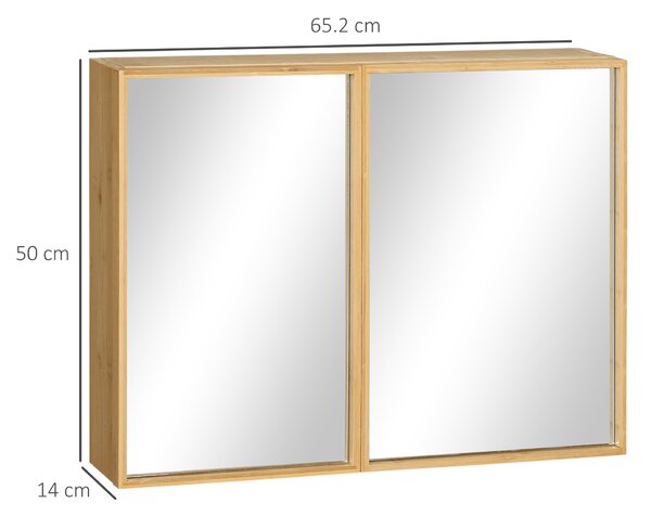 Kleankin Specchiera da Bagno in Bambù e Vetro con 3 Ripiani, 2 Ante e Montaggio a Muro, 65.2x14x50 cm, color Legno | Aosom Italy