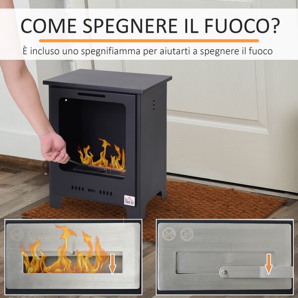 Homcom Camino a Bioetanolo Efficiente 1.5L in Acciaio Senza Canna Fumaria, fino a 0.9 L e a 3 ore , 40 x 30 x 50 cm, Nero | Aosom Italy