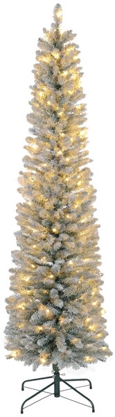 Albero di Natale Innevato Slim 210 cm con 405 Rami e 180 Luci LED Bianco Caldo in Plastica e Metallo Bianco