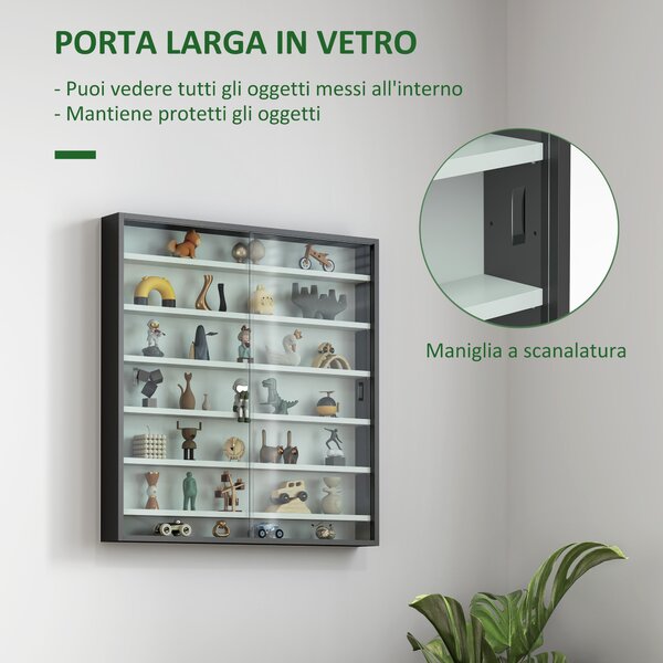 HOMCOM Bacheca Portaoggetti a 5 Ripiani Regolabili in Legno con Ante in Vetro, 80x9.5x83 cm, Bianco e Nero | Aosom Italy