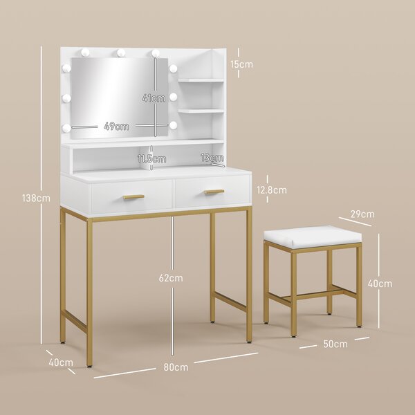 HOMCOM Mobile Toeletta con Specchio, 2 Cassetti, 5 Ripiani e Sgabello, in MDF e Truciolato, 80x40x138 cm, Bianco|Aosom