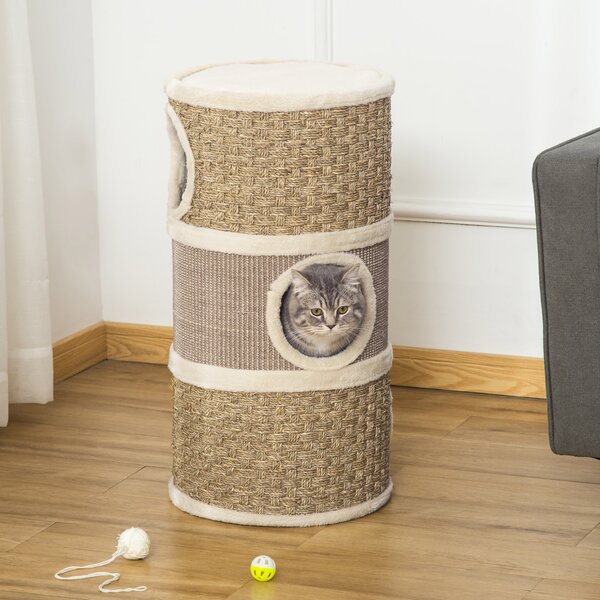 PawHut Casetta Cuccia per Gatti Tiragraffi a Torre con 3 Nicchie, Corda in Sisal e Alga Marina, Bordo Peluche, Khaki e Marrone|Aosom
