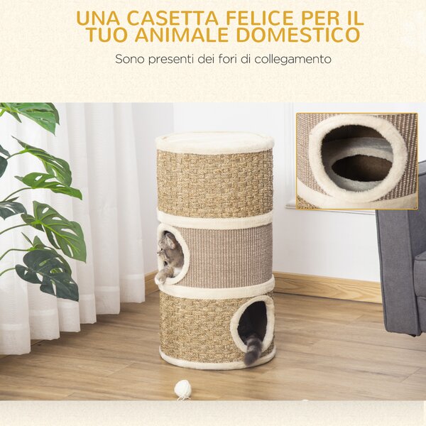 PawHut Casetta Cuccia per Gatti Tiragraffi a Torre con 3 Nicchie, Corda in Sisal e Alga Marina, Bordo Peluche, Khaki e Marrone|Aosom