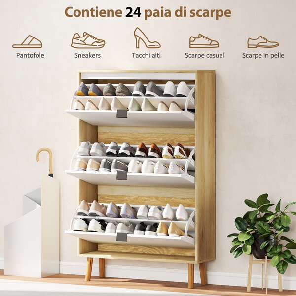 HOMCOM Scarpiera Slim Moderna con 3 Cassetti Ribaltabili per 24 Paia di Scarpe, 80x24x127 cm, Bianco | Aosom Italy