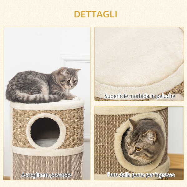 PawHut Casetta Cuccia per Gatti Tiragraffi a Torre con 3 Nicchie, Corda in Sisal e Alga Marina, Bordo Peluche, Khaki e Marrone|Aosom