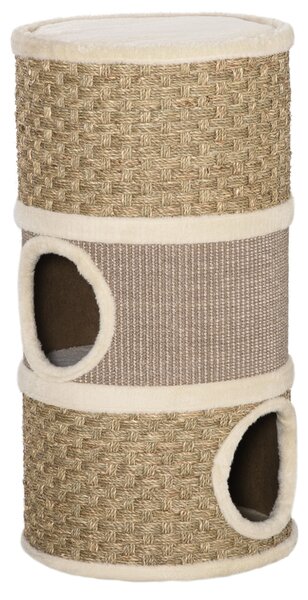 PawHut Casetta Cuccia per Gatti Tiragraffi a Torre con 3 Nicchie, Corda in Sisal e Alga Marina, Bordo Peluche, Khaki e Marrone|Aosom
