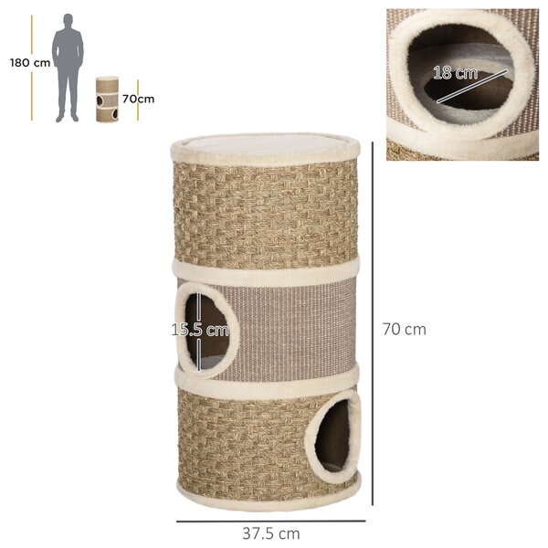 PawHut Casetta Cuccia per Gatti Tiragraffi a Torre con 3 Nicchie, Corda in Sisal e Alga Marina, Bordo Peluche, Khaki e Marrone|Aosom