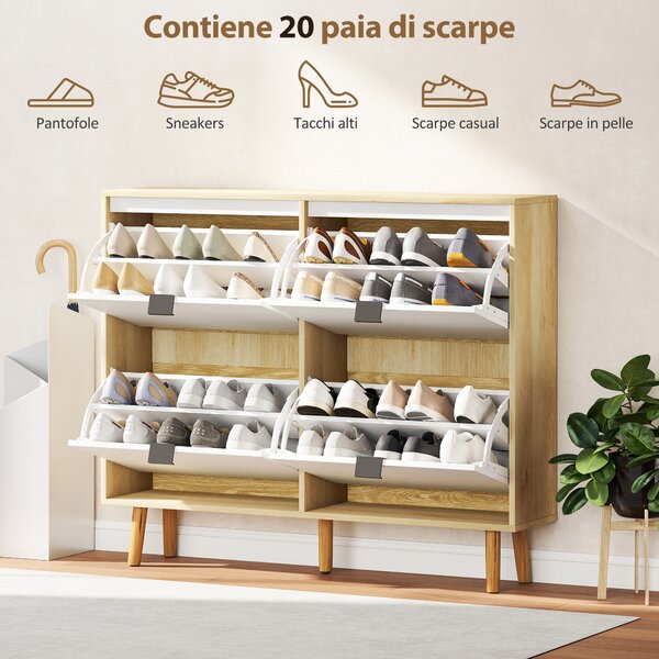 HOMCOM Scarpiera Slim Moderna con 4 Cassetti Ribaltabili per 20 Paia di Scarpe, 105x24x92.5 cm, Bianco | Aosom Italy