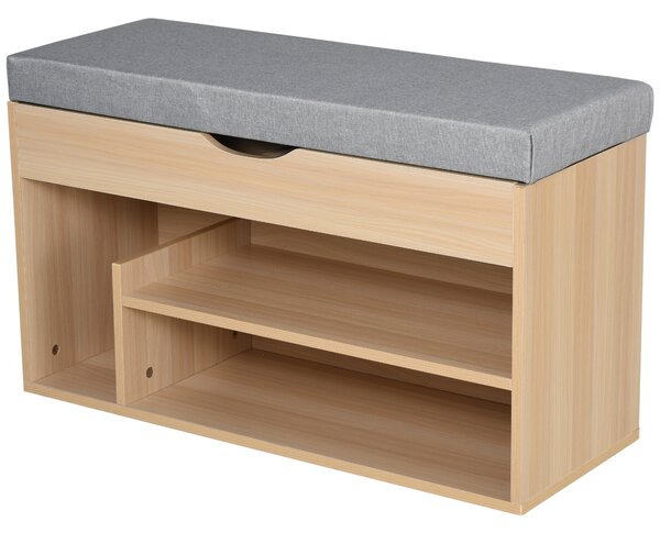 HOMCOM Panca Scarpiera 2 in 1 con Seduta Imbottita Apribile e 3 Ripiani Aperti, in Legno, 80x30x48cm, Rovere e Grigio | Aosom Italy