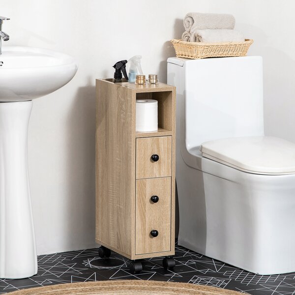 Kleankin Mobiletto Bagno Salvaspazio con Cassetto, Armadietto, Ripiano Aperto e Ruote, Mobile Cassettiera a Colonna, 18x30x68.5cm, Rovere| Aosom Italy