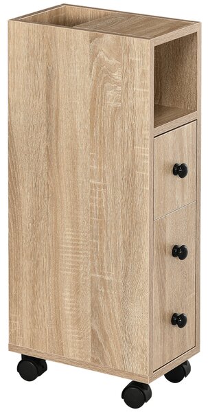 Kleankin Mobiletto Bagno Salvaspazio con Cassetto, Armadietto, Ripiano Aperto e Ruote, Mobile Cassettiera a Colonna, 18x30x68.5cm, Rovere| Aosom Italy
