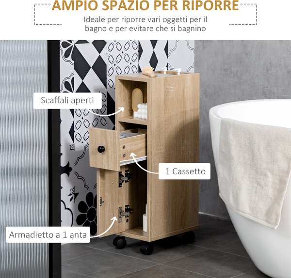 Kleankin Mobiletto Bagno Salvaspazio con Cassetto, Armadietto, Ripiano Aperto e Ruote, Mobile Cassettiera a Colonna, 18x30x68.5cm, Rovere| Aosom Italy