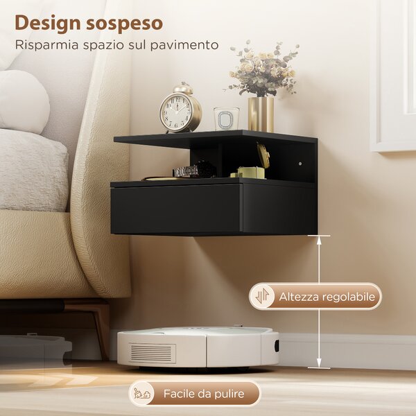 HOMCOM Set di 2 Comodini Sospesi con Cassetto e Mensola Aperta, 35x32x22.5 cm, Nero | Aosom Italy