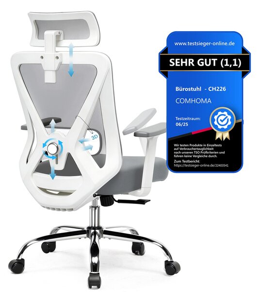 COMHOMA Sedia da ufficio ergonomica con supporto 3D per testa e lombare, braccioli regolabili, sedia da ufficio con funzione oscillante, 150 kg, grigia