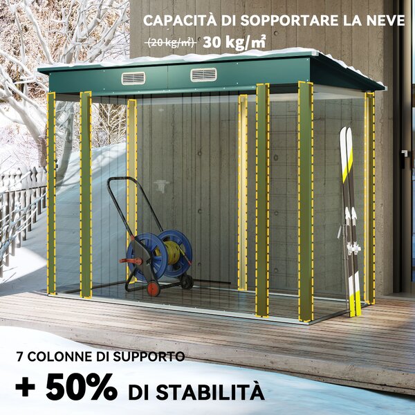 Outsunny Capanno Porta Attrezzi con 2 Prese d'Aria e Chiavistello, Casetta da Giardino in Acciaio, 249x121x183 cm, Verde | Aosom Italy
