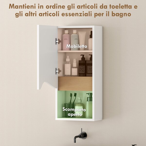 HOMCOM Pensile Bagno con Ripiano Aperto e Armadietto con Scaffale Regolabile, in Legno, 30x17x67 cm, Bianco e color Legno | Aosom Italy