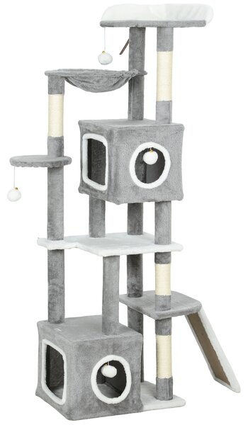 PawHut Albero Tiragraffi per Gatti con 2 Casette, Rampa, Trespoli e 4 Palline, 48x40x165 cm, Grigio e Bianco | Aosom Italy