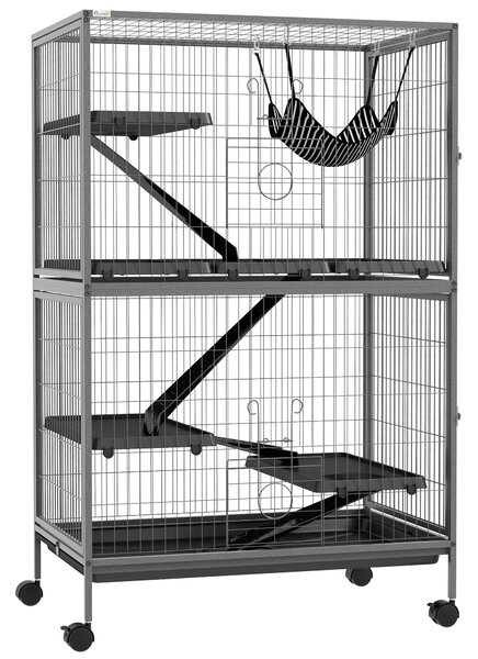 PawHut Gabbia per Roditori con 4 Ingressi a Livelli Multipli con Amaca, in Metallo e PP, 80x52x128 cm, Argento e Grigio | Aosom Italy