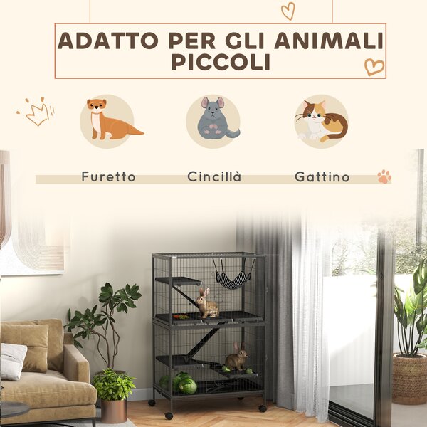 PawHut Gabbia per Roditori con 4 Ingressi a Livelli Multipli con Amaca, in Metallo e PP, 80x52x128 cm, Argento e Grigio | Aosom Italy