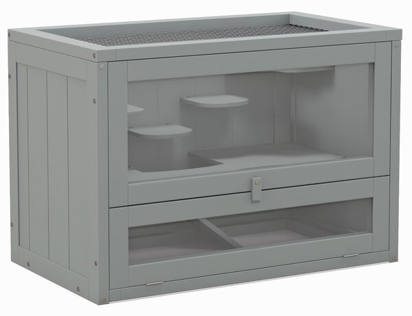 PawHut Gabbia per criceti topi piccoli roditori multi-accessori rampa piattaforme tetto apribile griglia 60 x 35 x 42 cm grigio