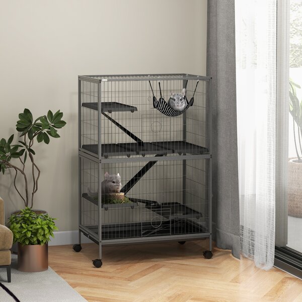PawHut Gabbia per Roditori con 4 Ingressi a Livelli Multipli con Amaca, in Metallo e PP, 80x52x128 cm, Argento e Grigio | Aosom Italy