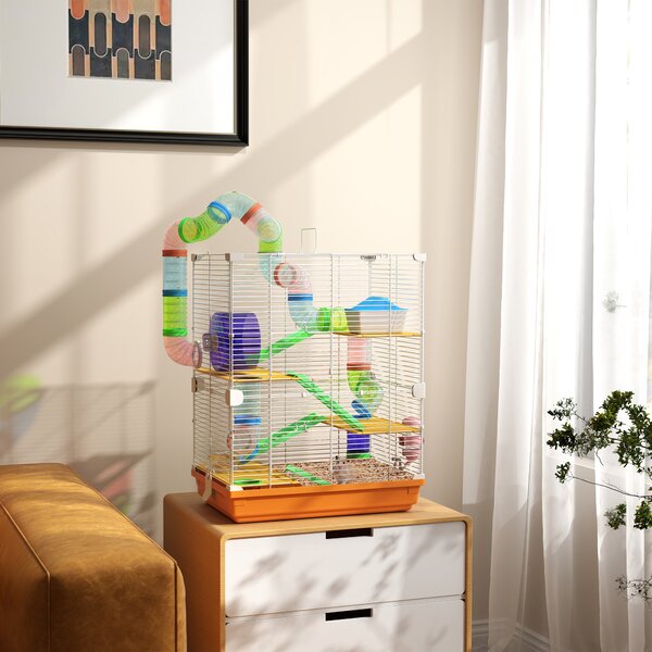 PawHut Gabbia per Criceti a 5 Livelli con Tubi, Ruota, Scale, Casetta e Bottiglia, 46x30x58 cm, Arancione | Aosom Italy
