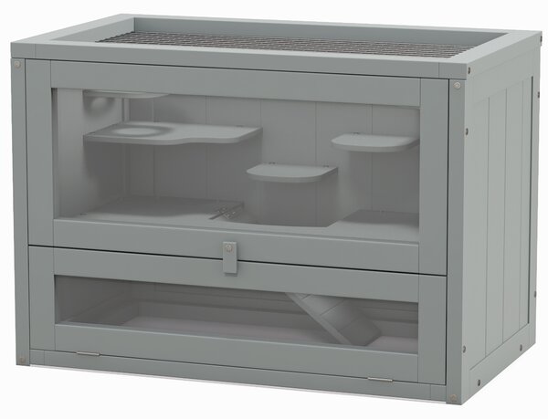 PawHut Gabbia per criceti topi piccoli roditori multi-accessori rampa piattaforme tetto apribile griglia 60 x 35 x 42 cm grigio