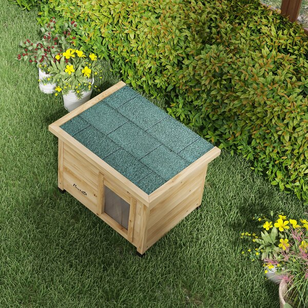 PawHut Casa per gatti cuccia esterna in legno rialzata con tetto in asfalto, finestra, 57 x 45 x 43 cm giallo