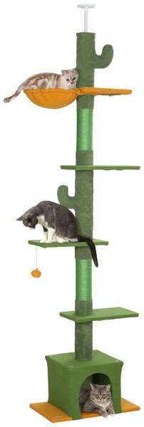 PawHut Albero per gatti, altezza 275cm, 6 livelli per gatti domestici, da terra a soffitto, con piattaforme, cuccia, amaca, verde